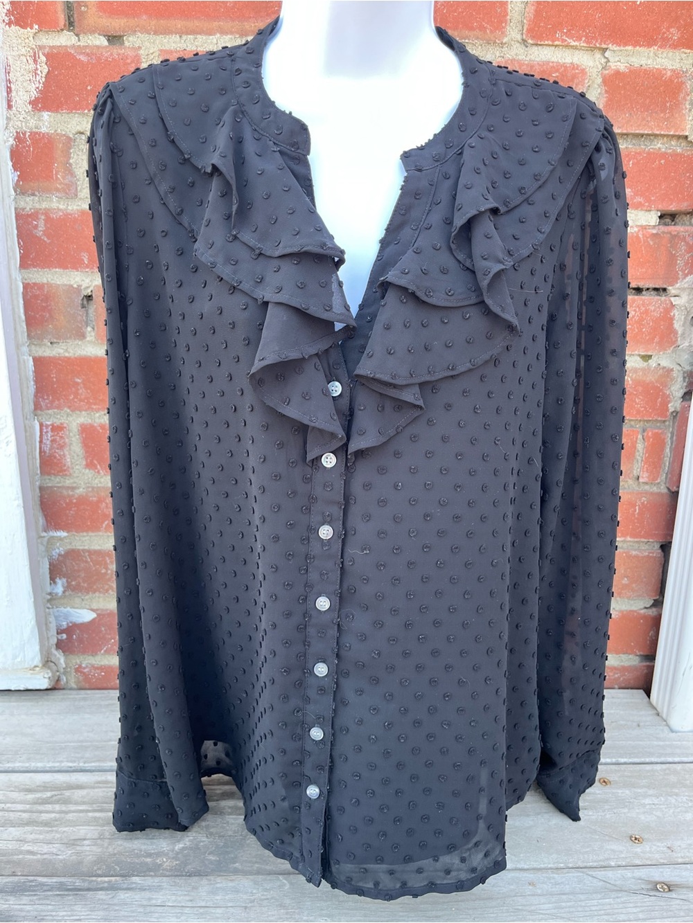 J. Crew Black Swiss Dot Ruffle Blouse
